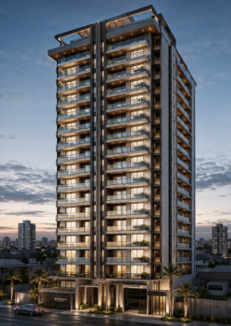 Mansão de luxo com piscina de borda infinita ao entardecer, litoral ao fundo